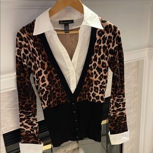 INC International Concepts Brown and White Leopard Print Cardigan